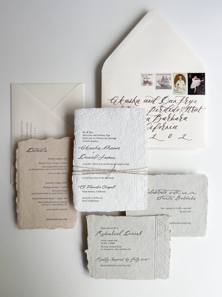 Letterpress Wedding Invitations arranged in a flatlay for a wedding in Santa Barbara, California