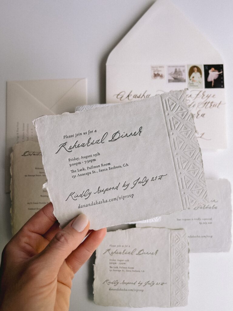 Wedding invitation rsvp card featuring letterpress printing on handmade paper