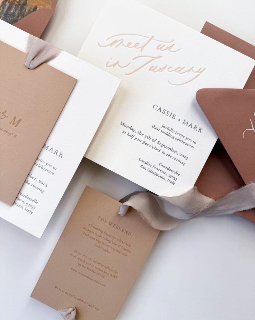 Semi-custom letterpress wedding invitation design for destination weddings
